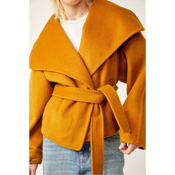 Free People Mina Jacket Oversized Waist Tie Wrap Front faux wool Yellow Orange M - Picture 2 of 7
